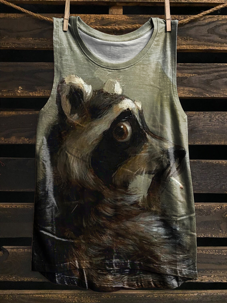 Raccoon Smoking Art Print 100% Cotton Casual Tank Top