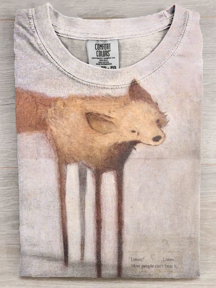 Vintage Listen Fox Art Print Casaul Short Sleeve T-shirt