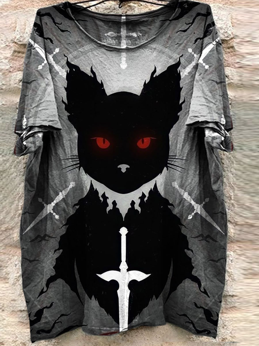 Black Cat Print Casual T-shirt