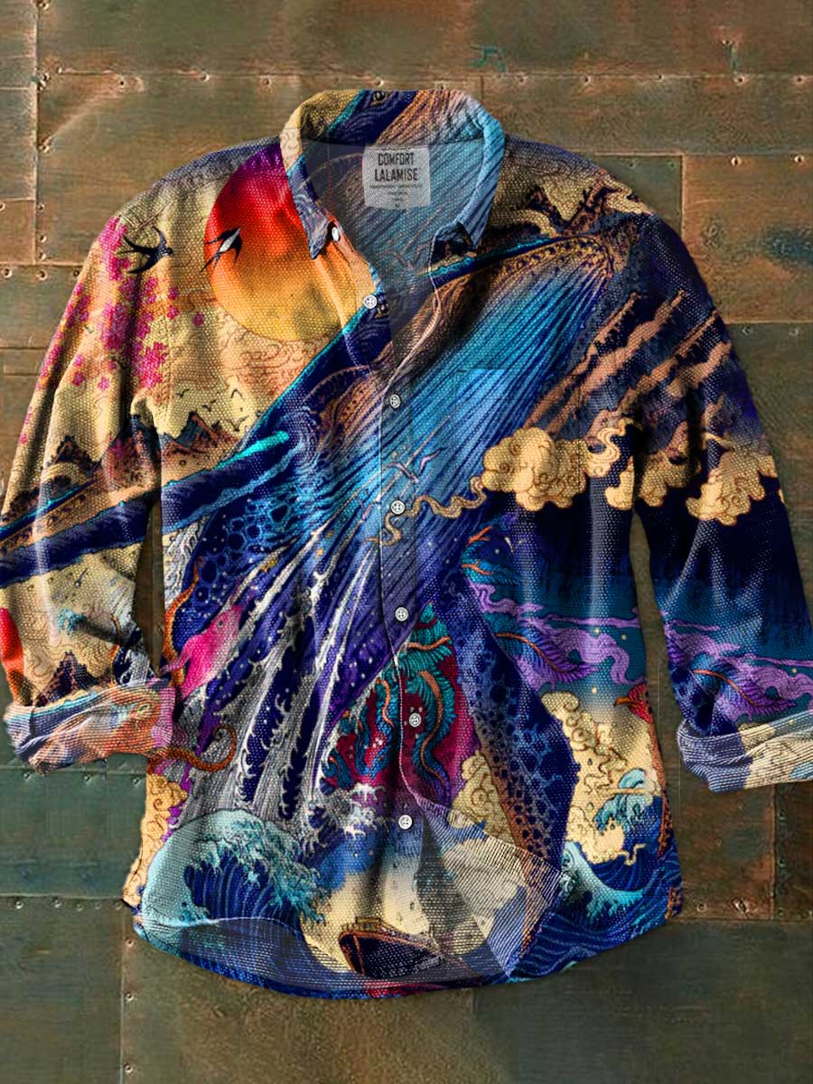 Vintage Whale Japanese Art Print 100% Cotton Long Sleeve Shirt