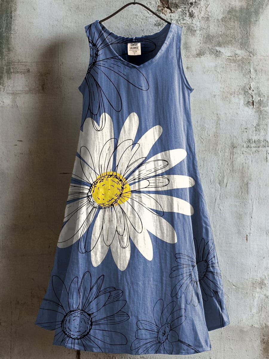 Women's Daisy Art Print V-neck Pocket Cotton Dress