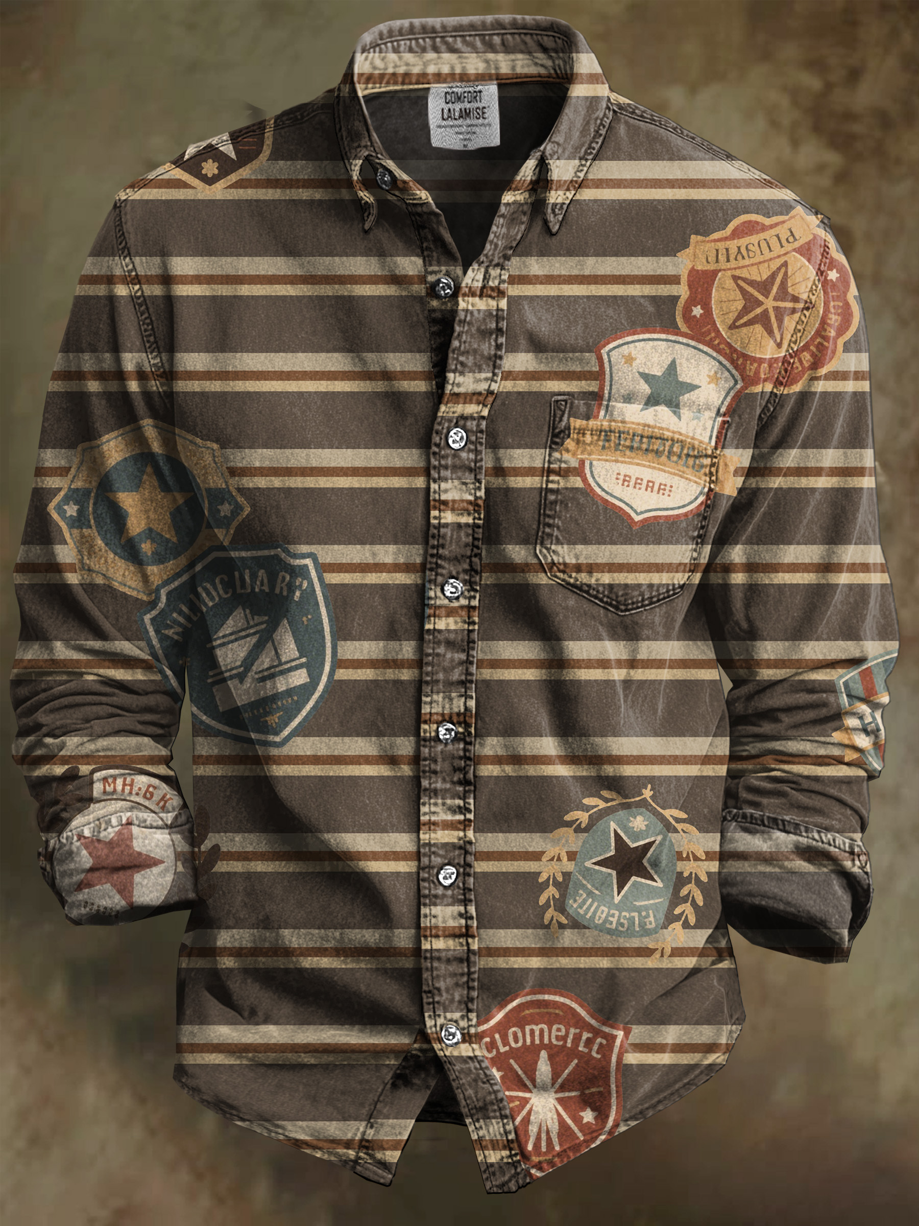 Vintage Striped Badge Art Print 100% Cotton Long Sleeve Shirt