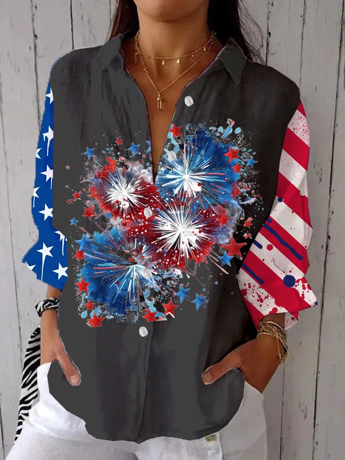 Women's Independence Day Vintage Flag Print Casual Shirt