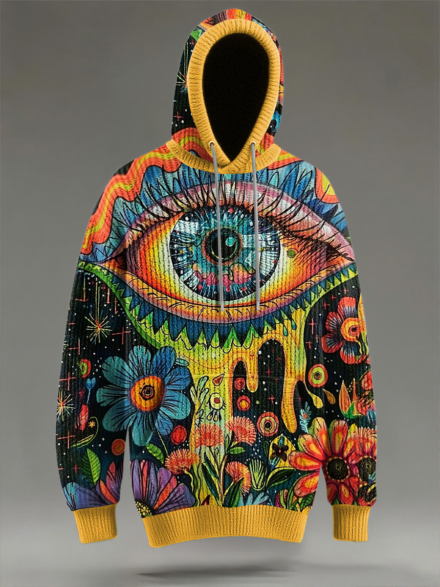 Vintage Psychedelic Forest Mushroom Eye Art Print Knit Pullover Hooded Sweater