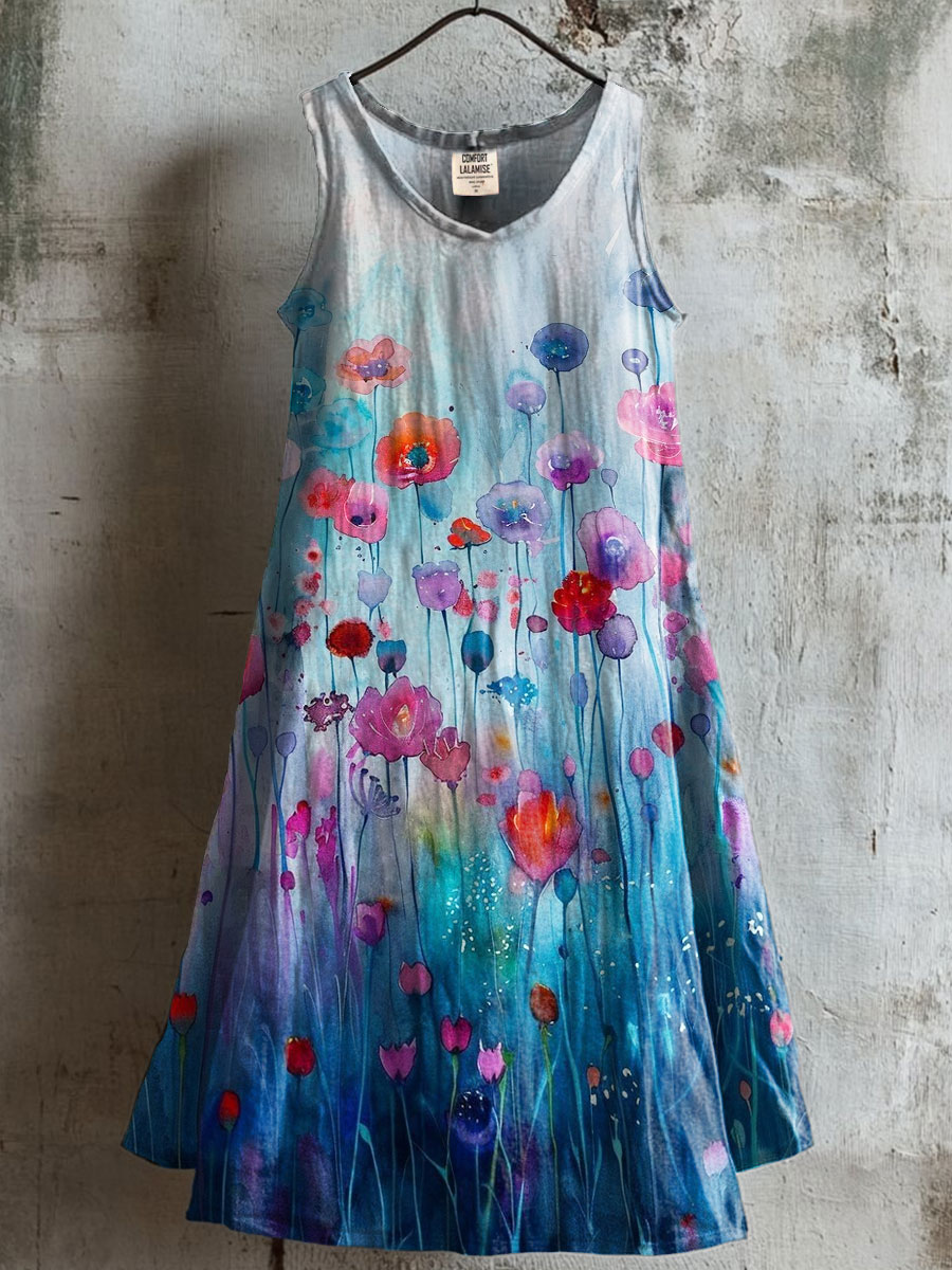 Watercolor Flower Art Print V-neck Pocket Cotton Dress