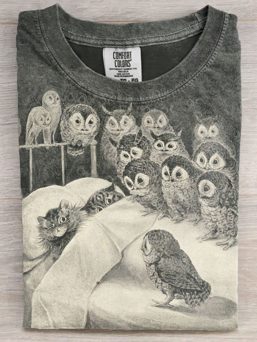 Midnight Funny Owl And Cat Art Print Casual Short Sleeve T-shirt