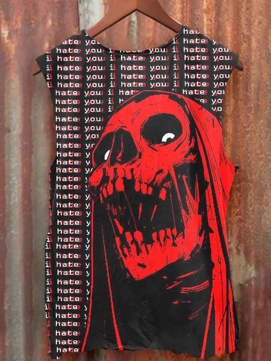 I  Hate U Skull Art Back Print 100% Cotton Casual Tank Top