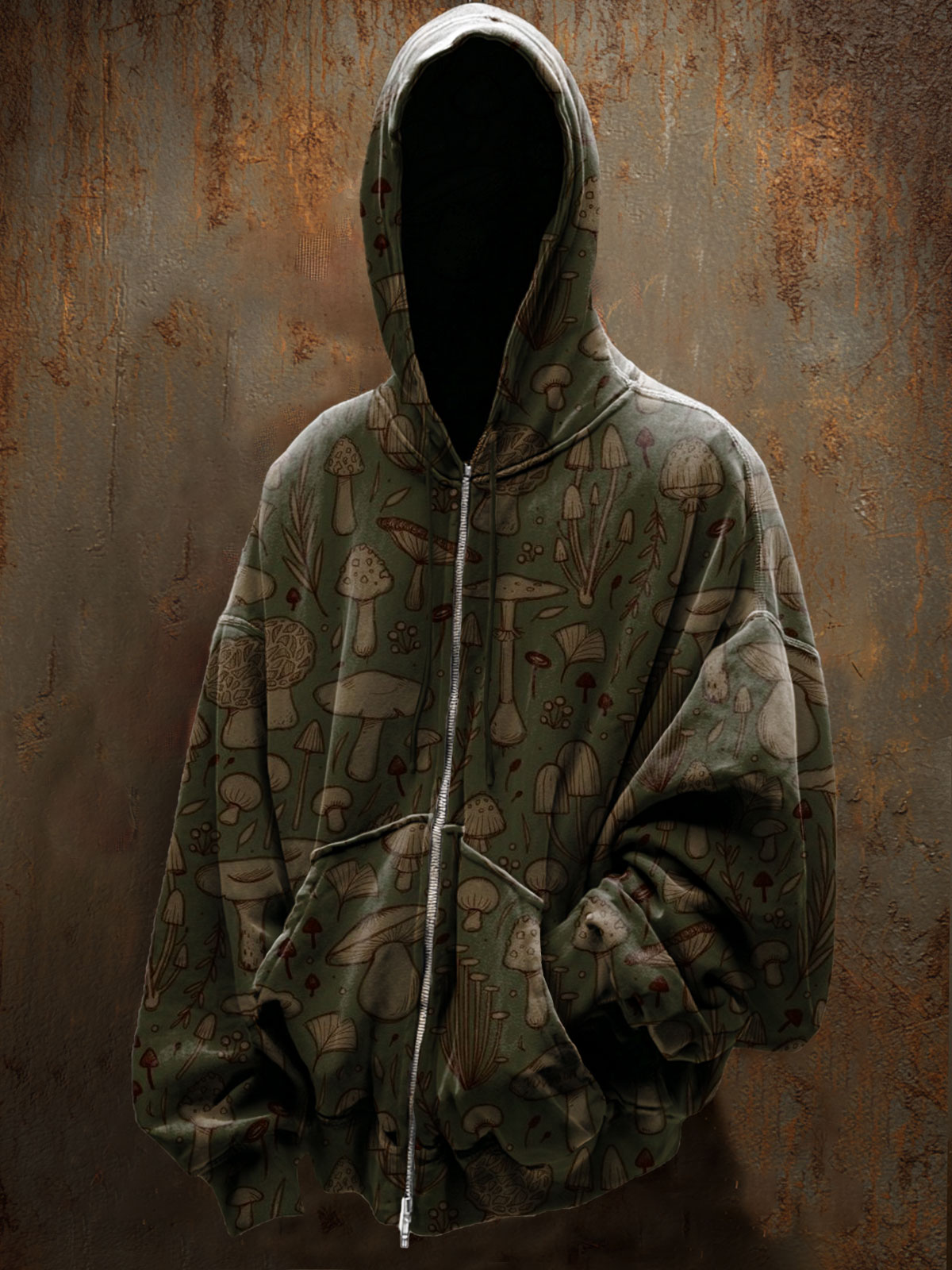 Vintage Mushroom Art Print Casual Zip Hoodie Sweatshirt