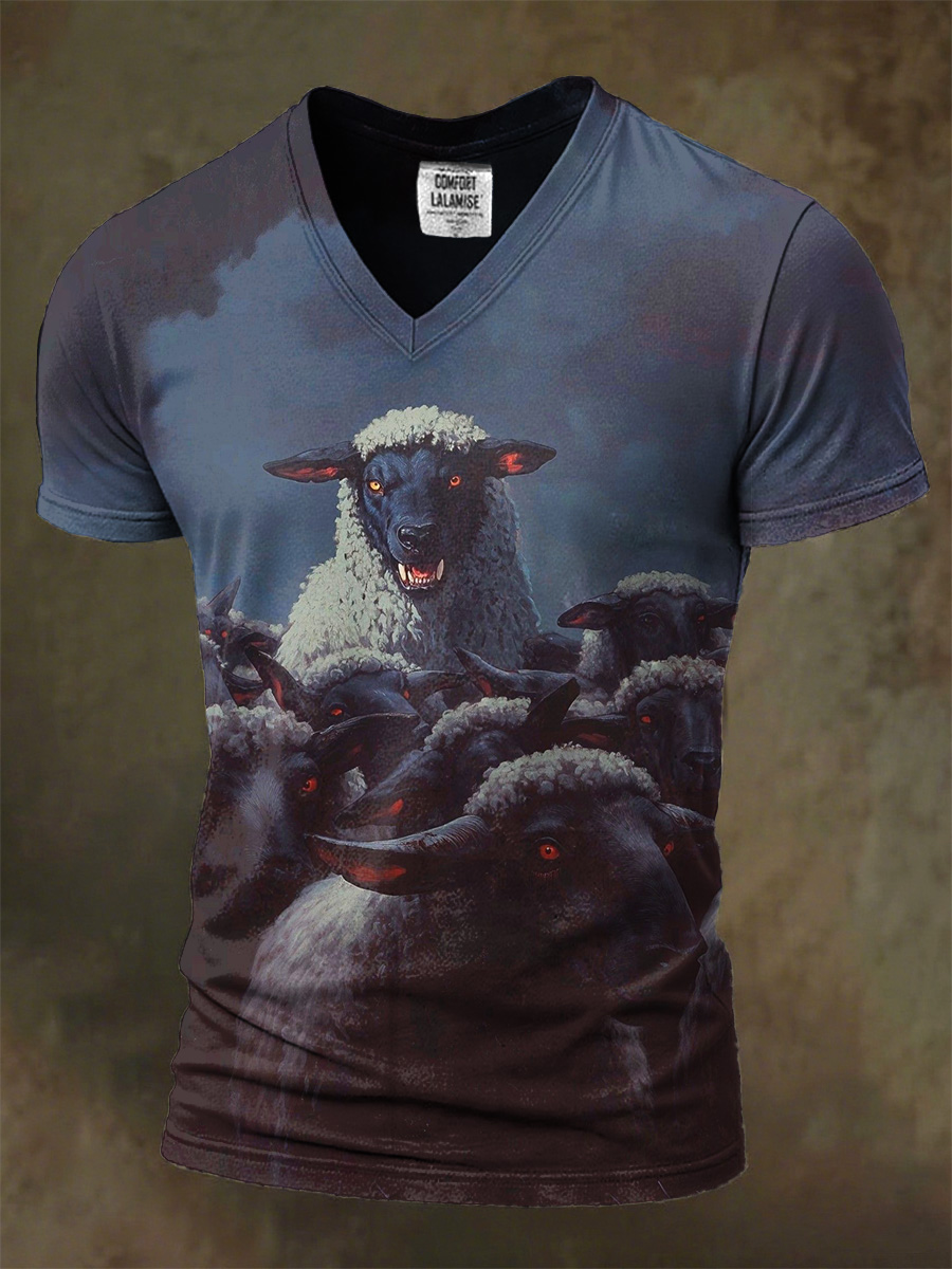 Halloween Retro Horror Evil Sheep Print T-shirt