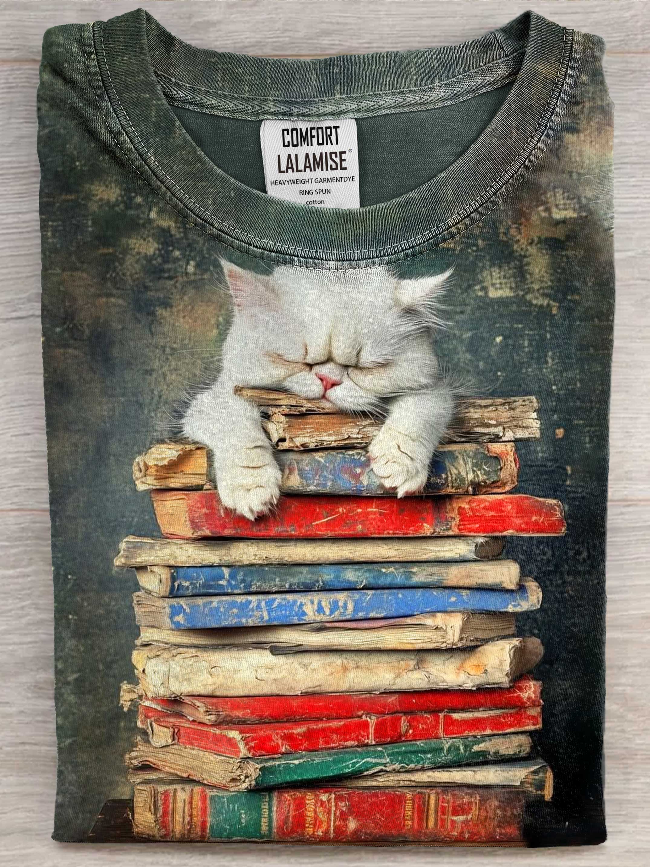 Funny Cat With Book Art Print Casaul Short Sleeve T-shirt