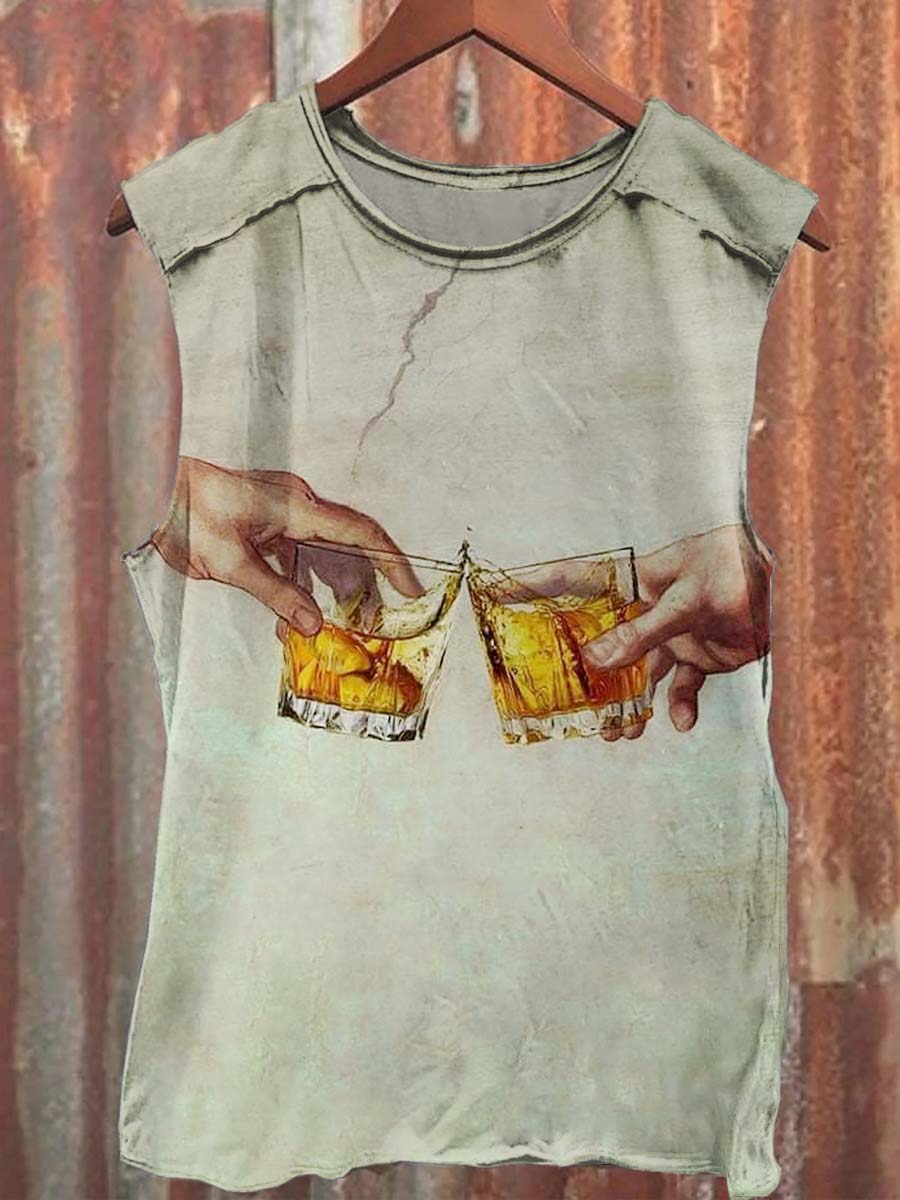 Vintage Literary Abstract Clinking Cup Print Casual Tank Top