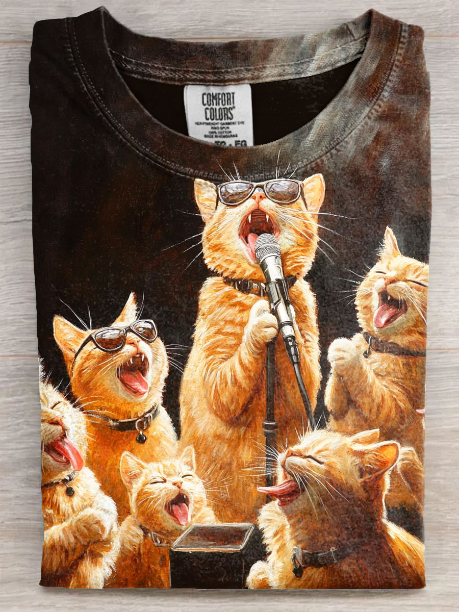 Funny Singing cat Art Print Casaul Short Sleeve T-shirt