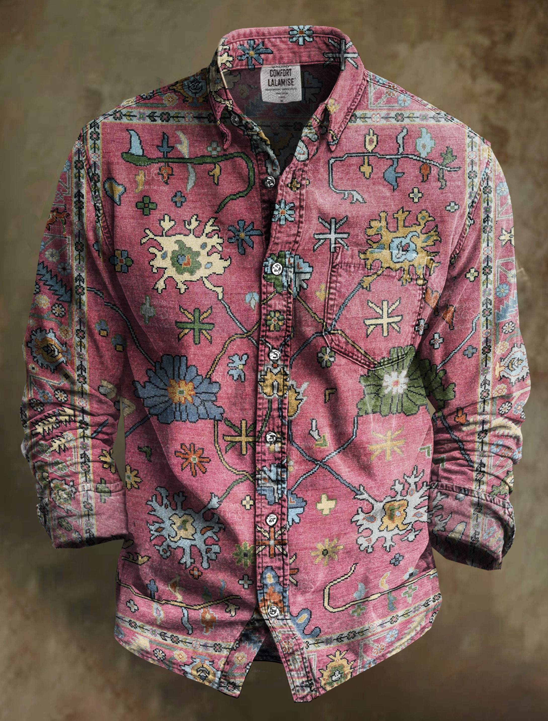 Vintage Ethinic Art Print 100% Cotton Long Sleeve Shirt