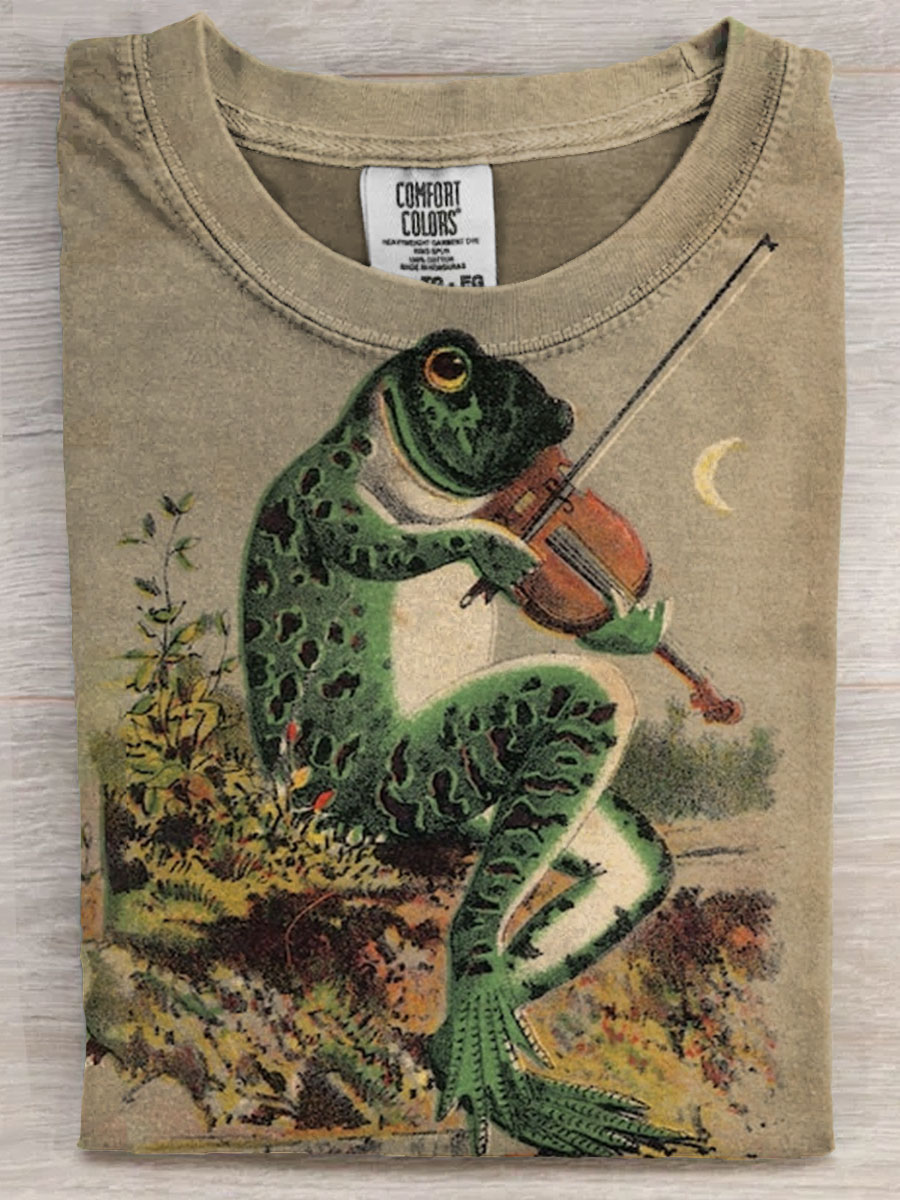 Violin Frog Art Print Casaul Short Sleeve T-shirt