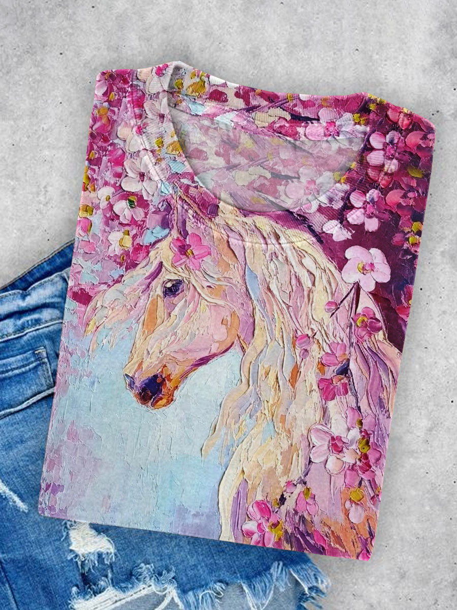 Horse Art Printed Crew Neck Short Sleeve T-Shirt