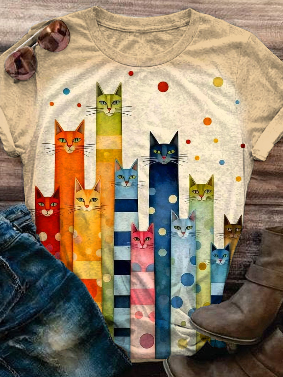 Multicolor Cat Art Print Casaul Short Sleeve T-shirt