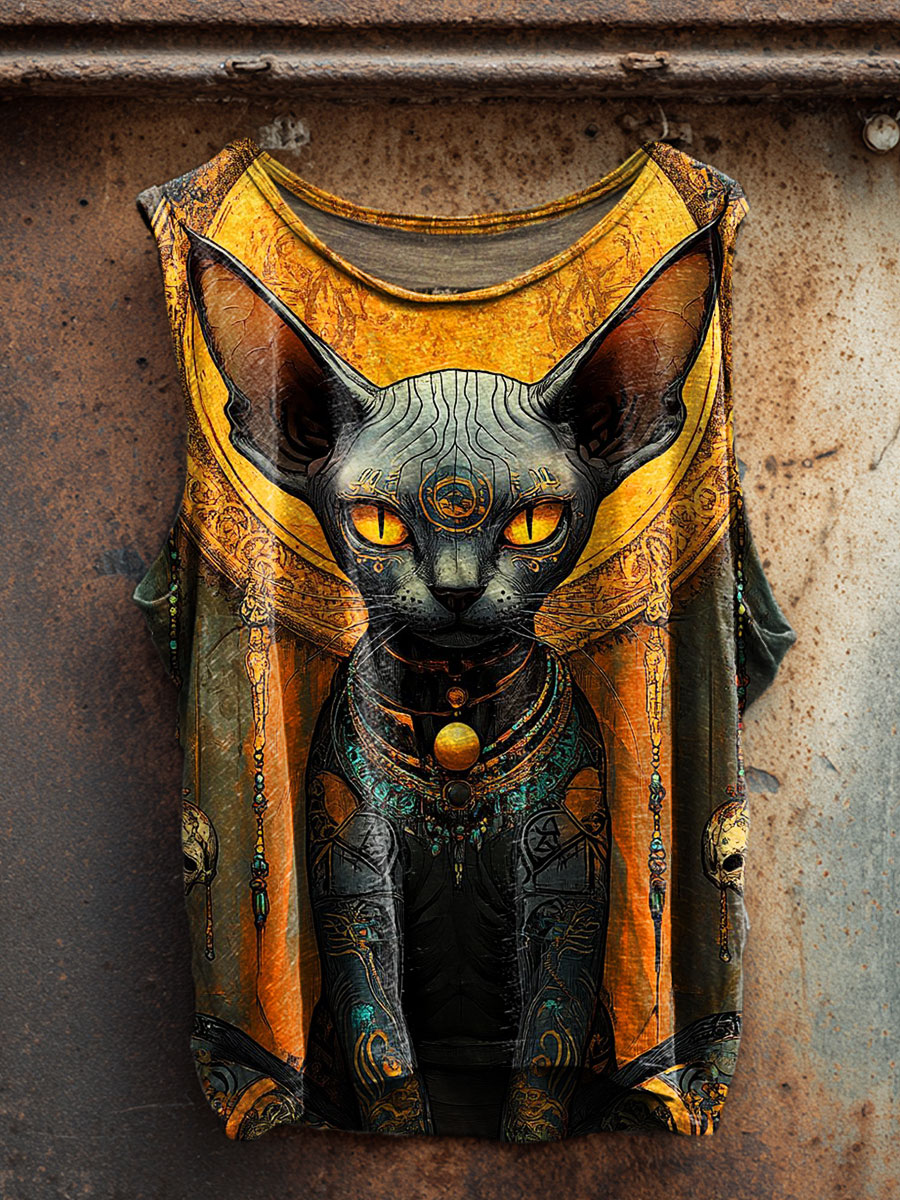 Cat Art Print 100% Cotton Casual Tank Top