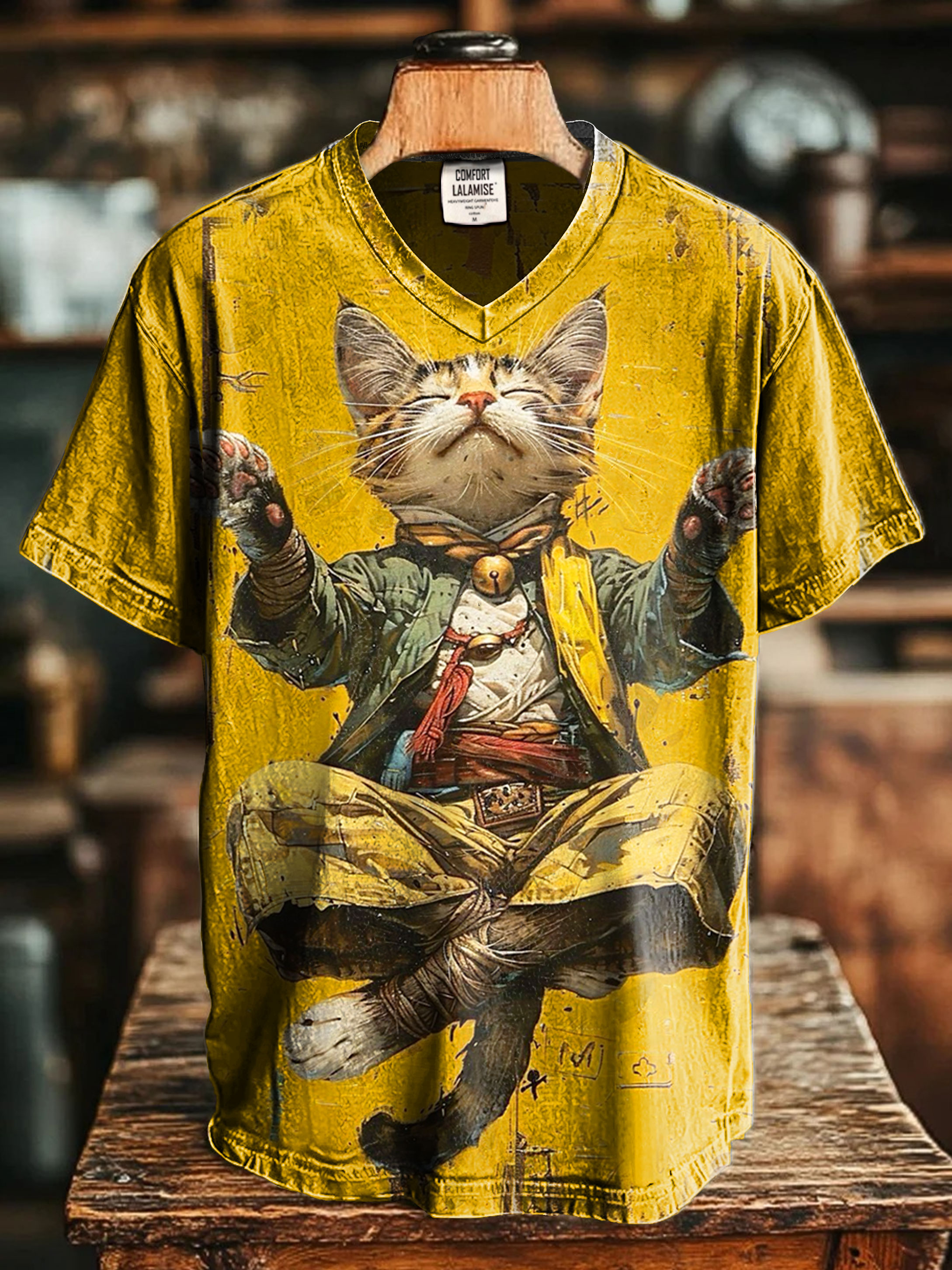 Meditating Cat Art Print Casaul Short Sleeve V-neck T-shirt