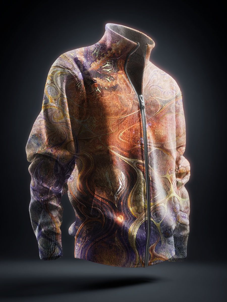 Abstract Art Print Knit Stand Collar Zip Up Sweater