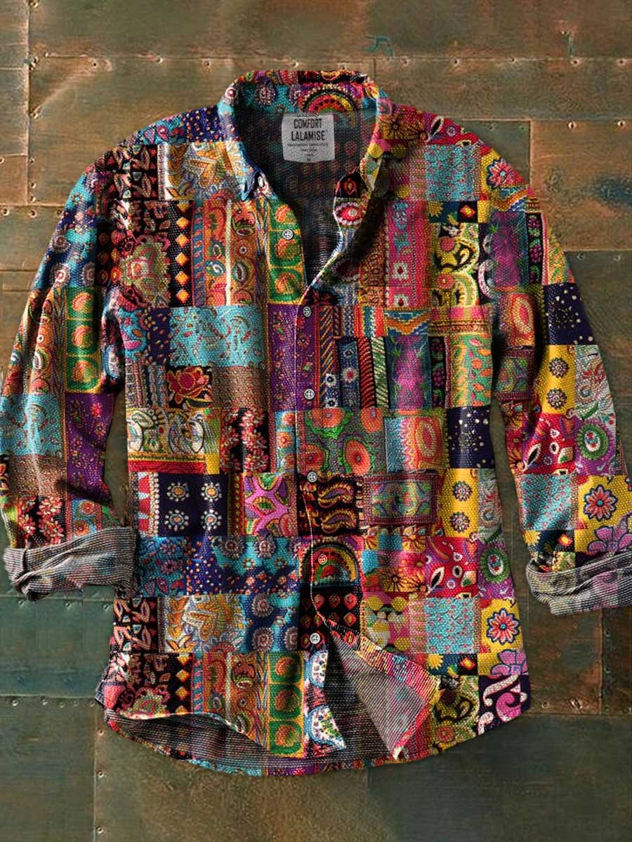 Vintage Patchwork Art Print 100% Cotton Long Sleeve Shirt
