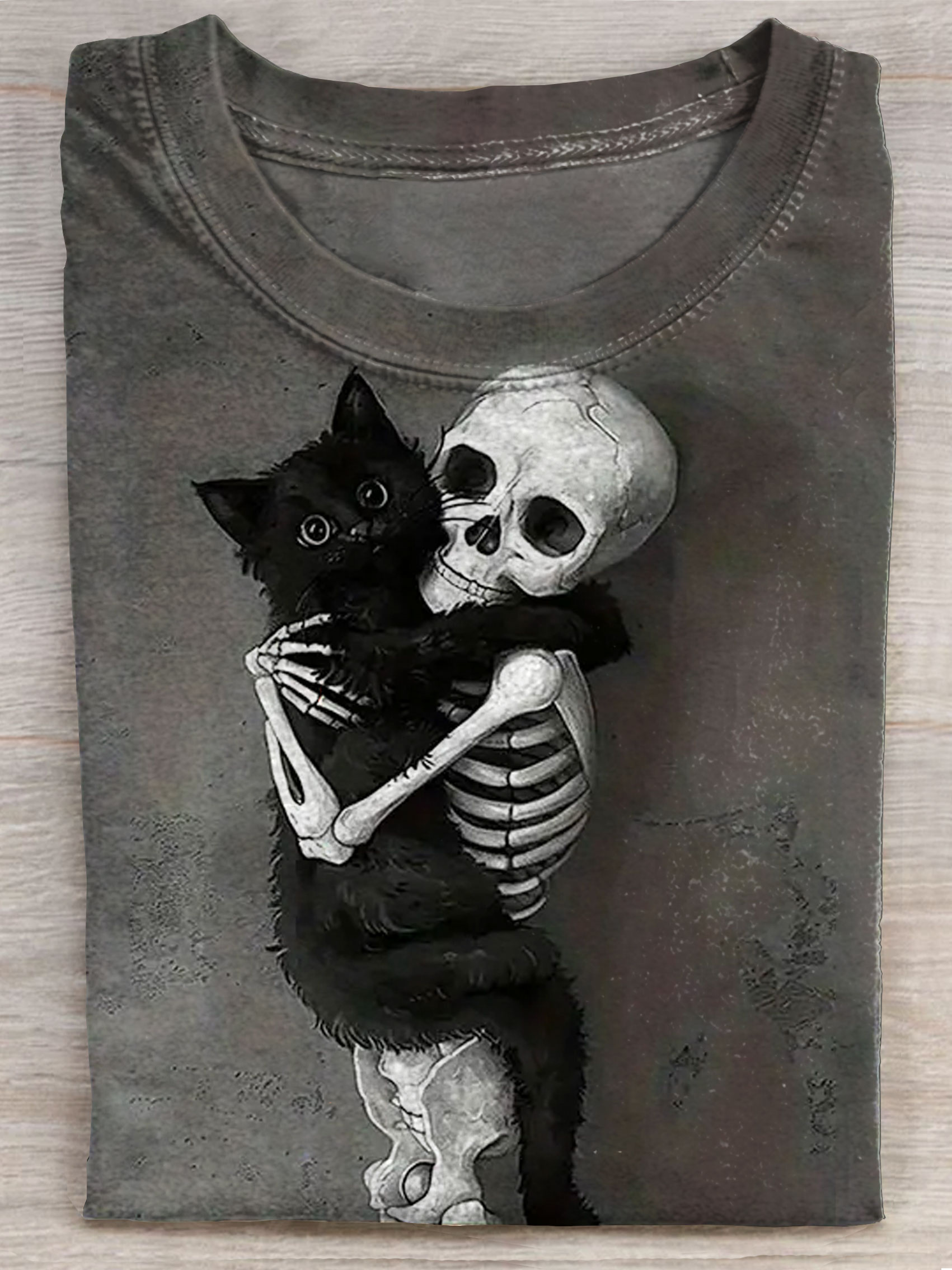 Black Cat Skull Cuddle Art Print Casual Short Sleeve T-shirt