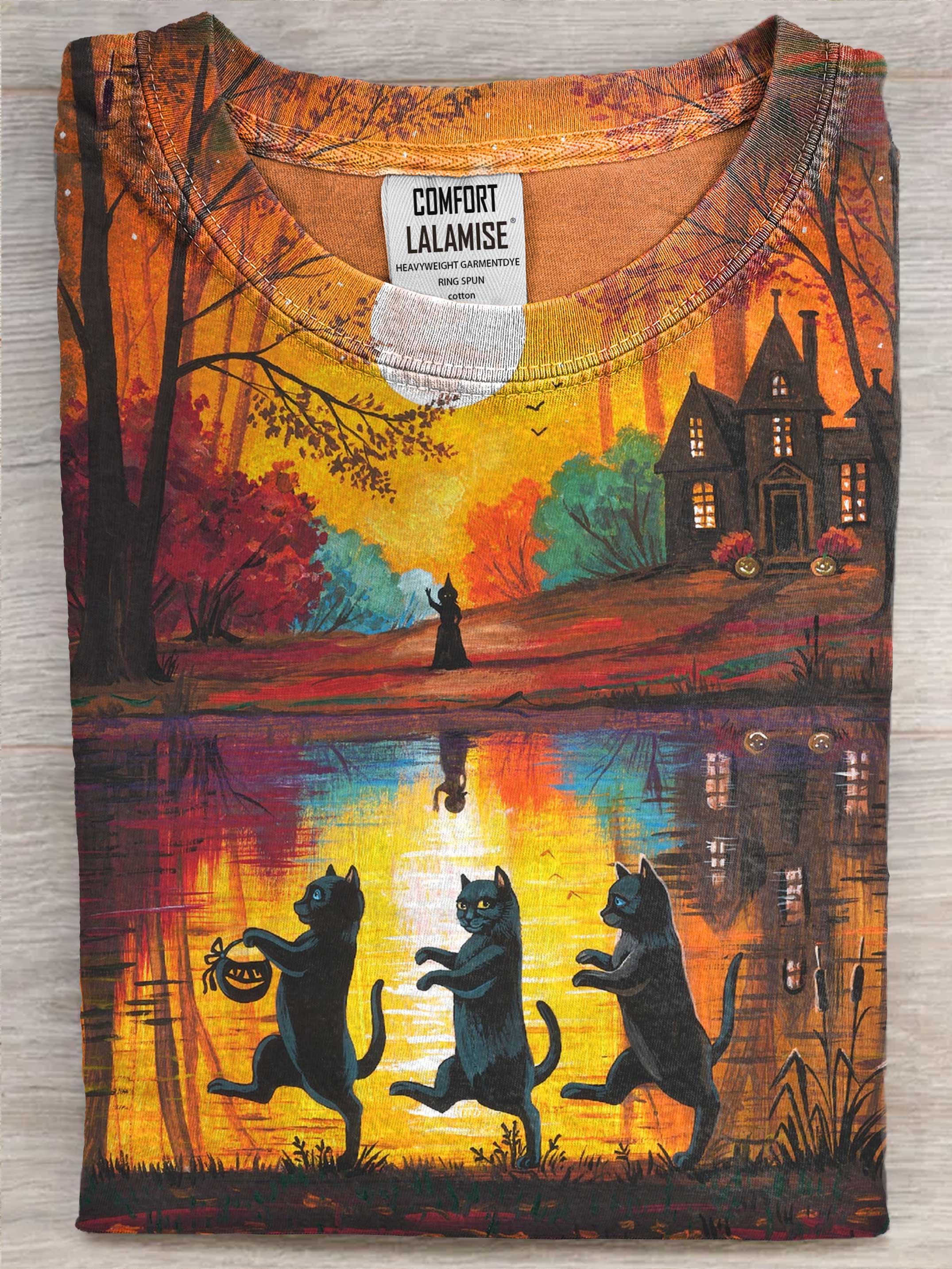 To Grandmothers House We Go Halloween Black Cat Art Casaul Cotton Short Sleeve T-shirt