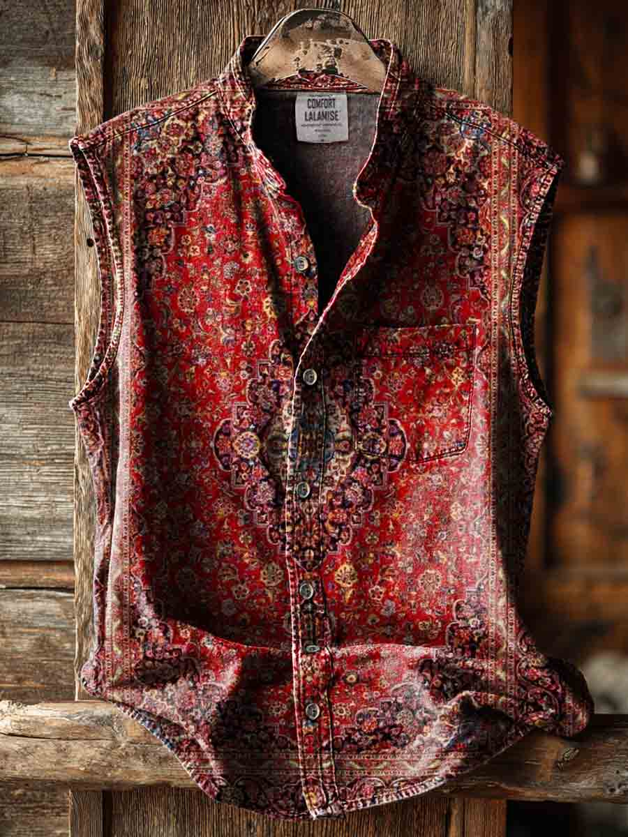 Vintage Ethinic Art Print Casual 100% Cotton Sleeveless Shirt