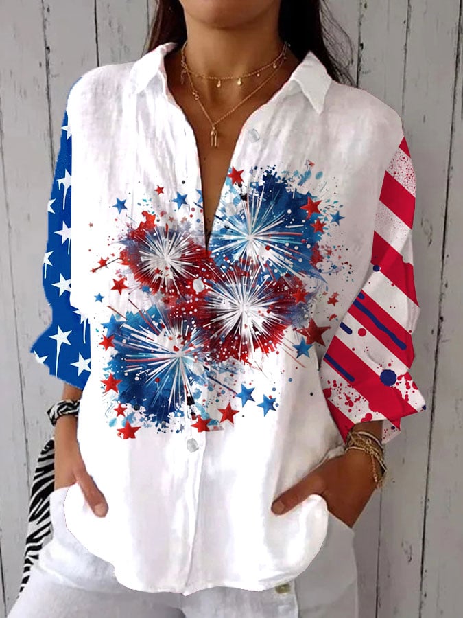 Women's Independence Day Vintage Flag Print Casual Shirt