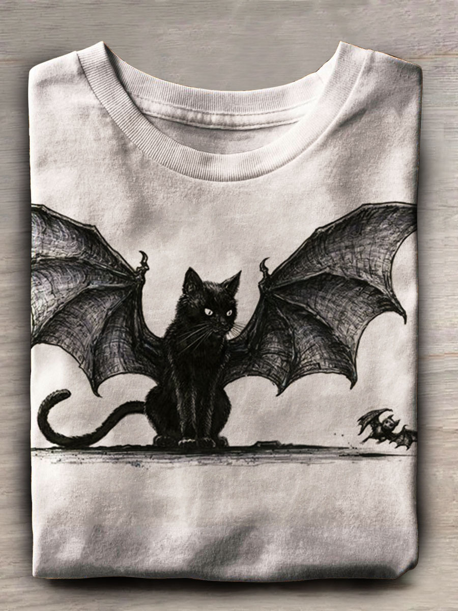Dark Cat Print Casaul Short Sleeve T-shirt