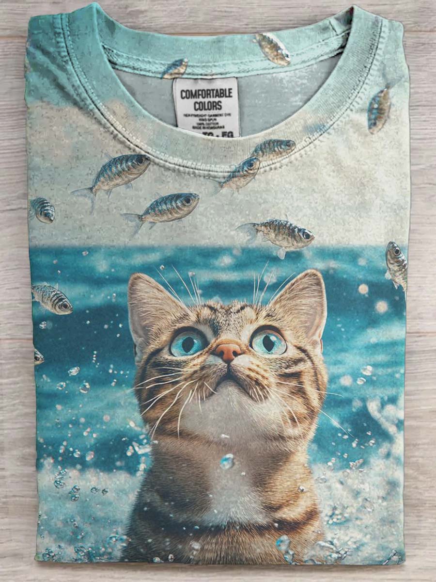 Fun Seaside Cat Print Casual Short Sleeve T-Shirt