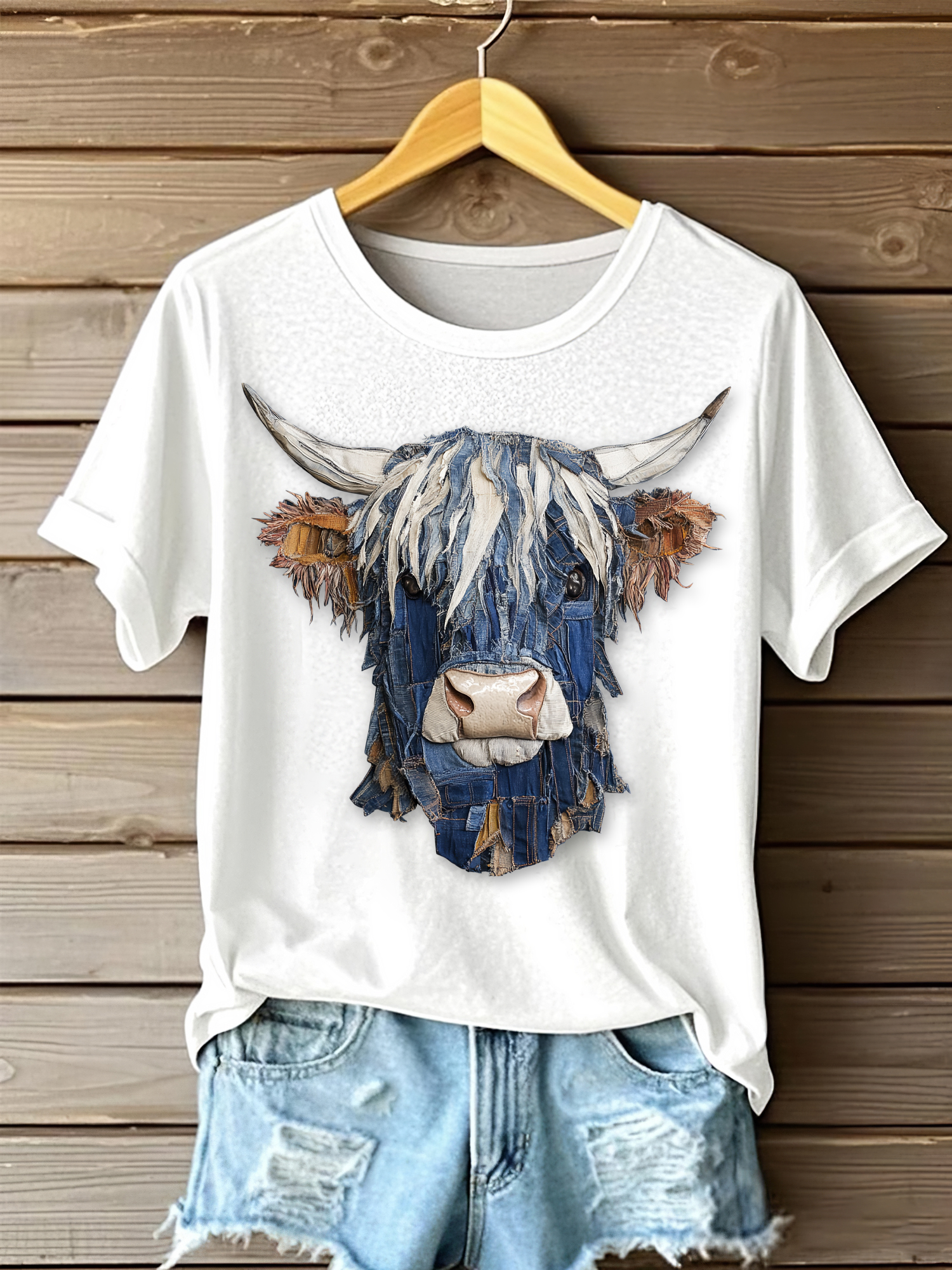 Women's Denim Highland Cow Portrait Print Short Sleeve Casual T-shirt