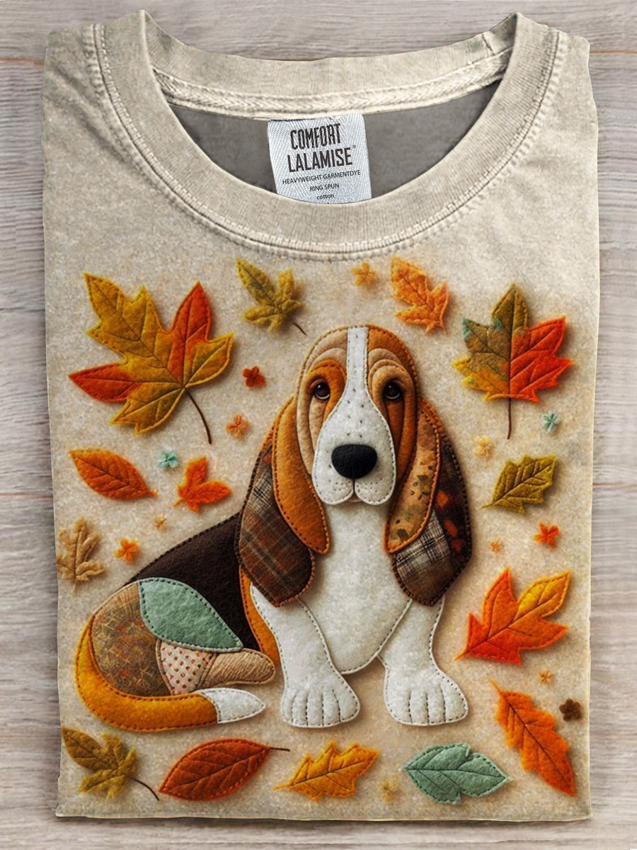 Fall Dog Print Casual T-shirt