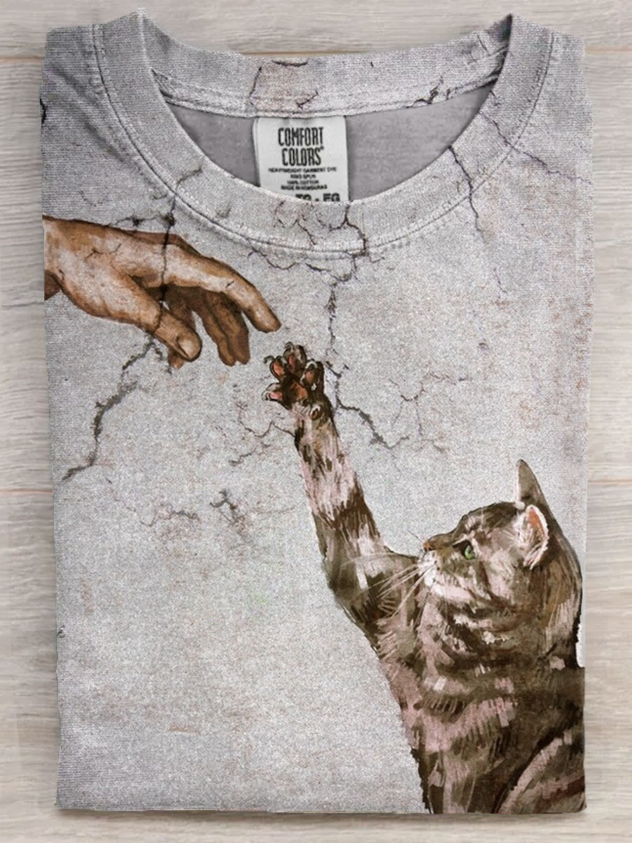 Vintage Funny Cat Art Print Casual Short Sleeve T-shirt