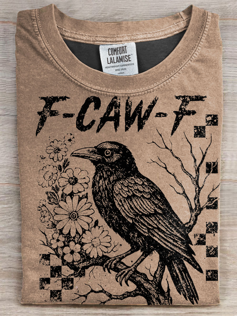 Vintage Crow Print Casual T-shirt