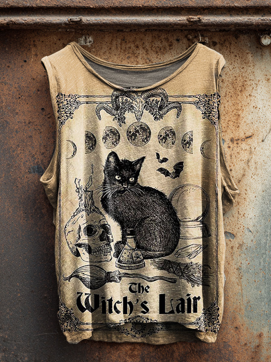 Black Cat Print 100% Cotton Casual Tank Top