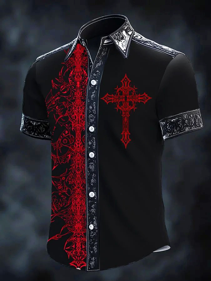 Vintage Bloody Cross Art Print Casual 100% Cotton Shirt