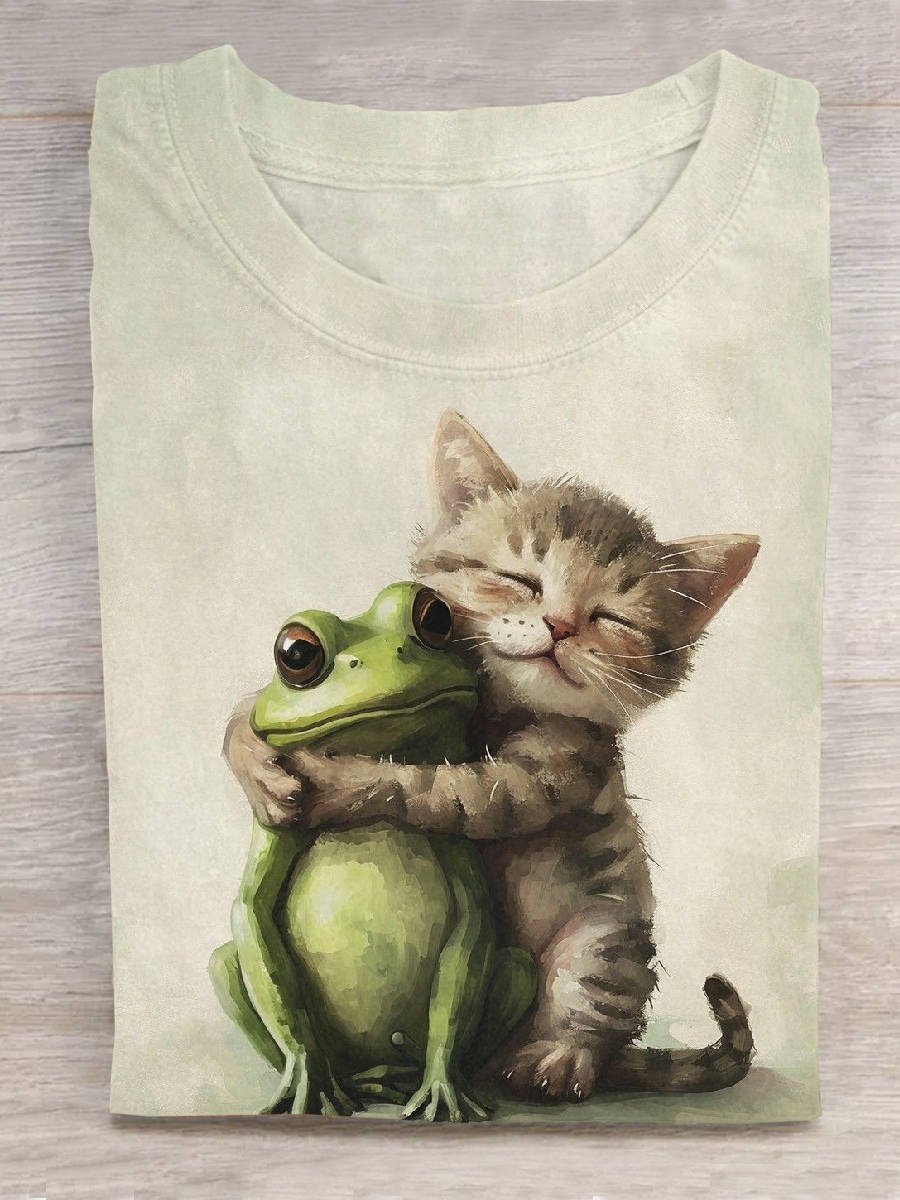 Cat Holding Frog Art Printed Round Neck Short Sleeve T-Shirt