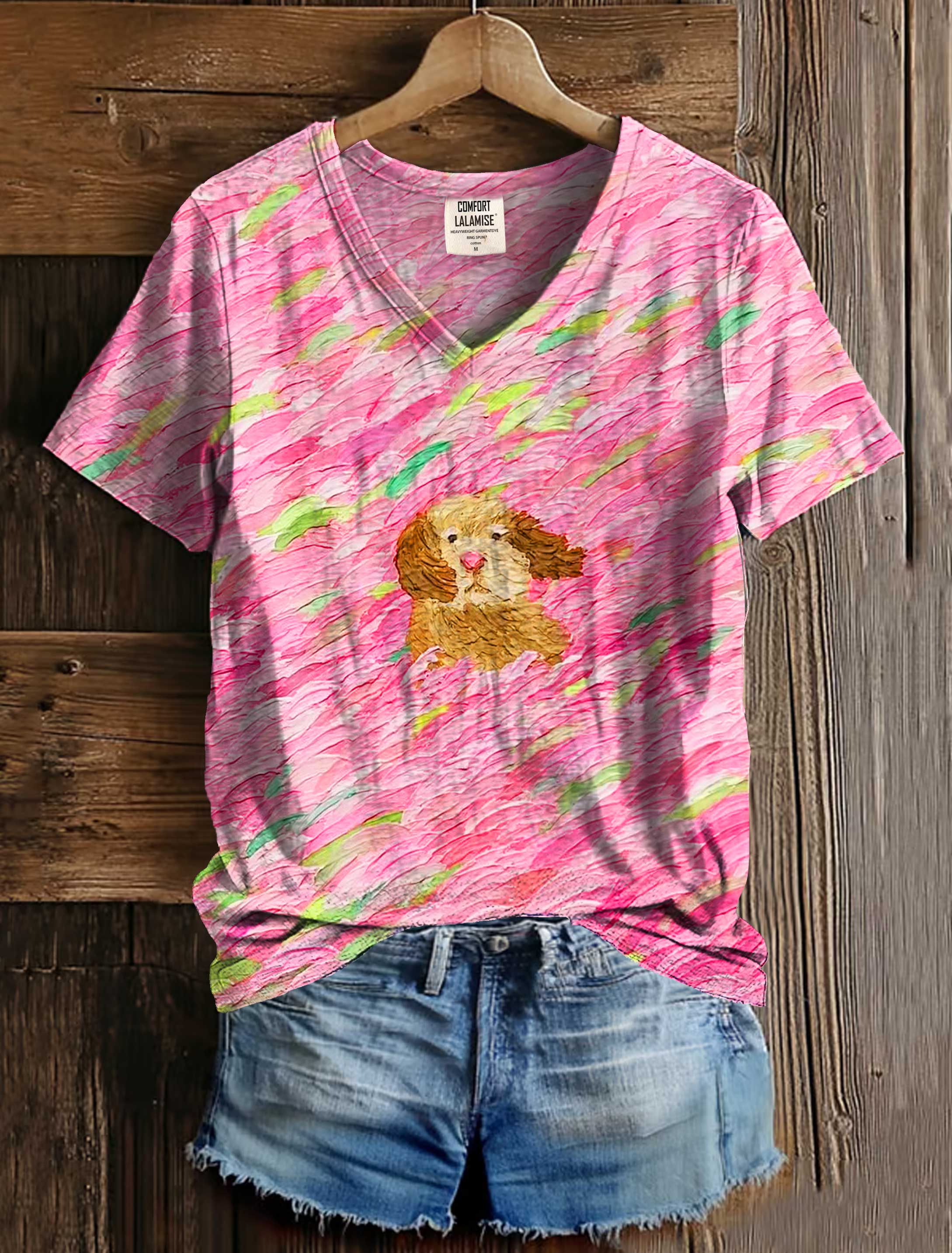 Cute Puppy In The Wind Art Print V-neck Casual T-Shirt