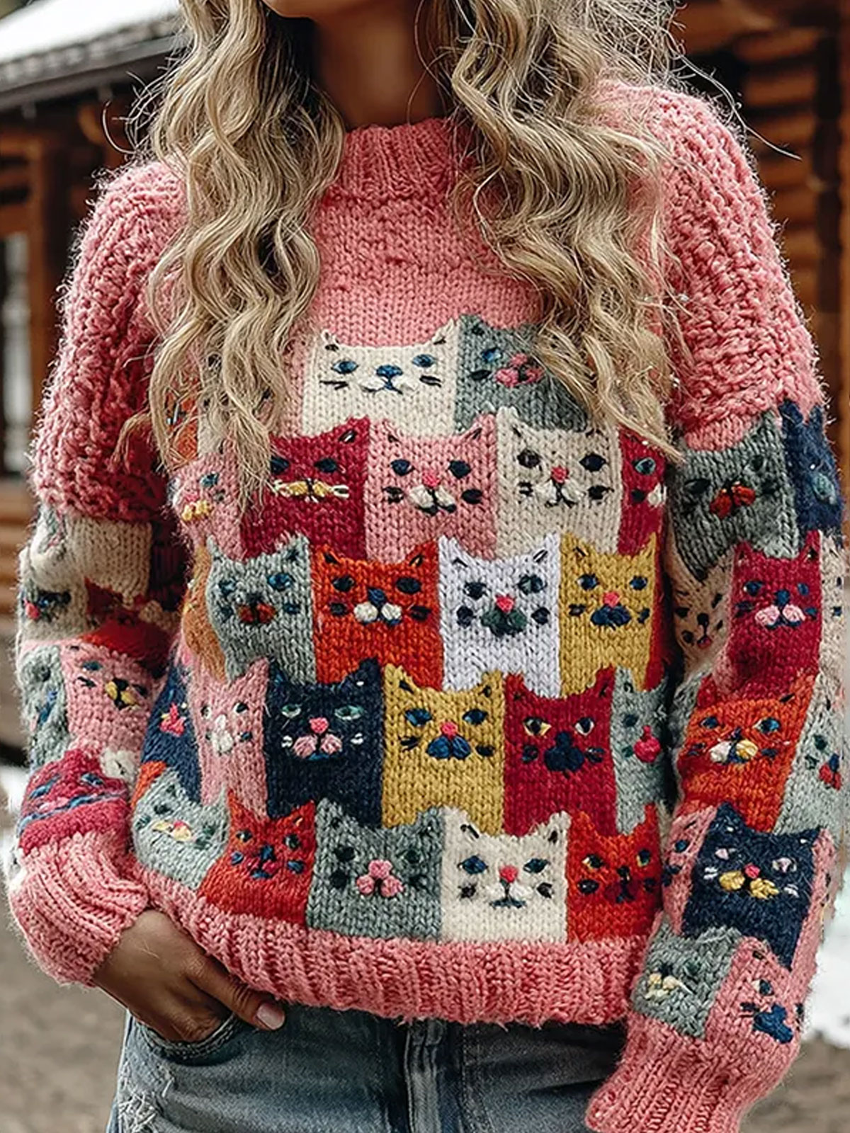 Cats Art Print Knit Pullover Sweater