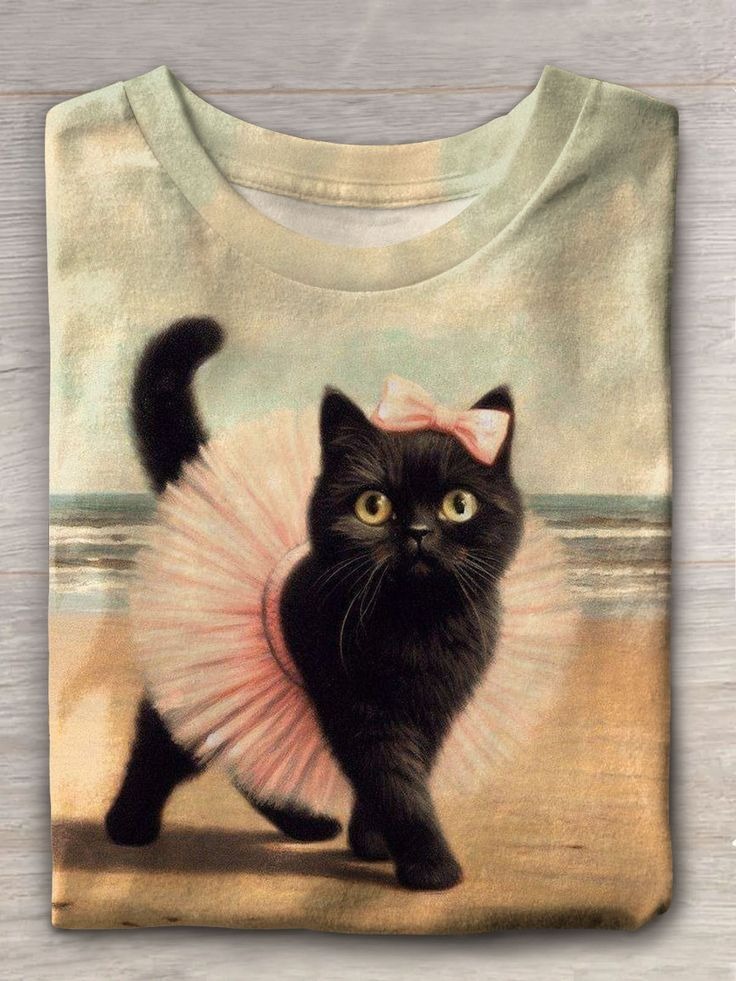 Black Cat In Dress Art Print Casaul Short Sleeve T-shirt