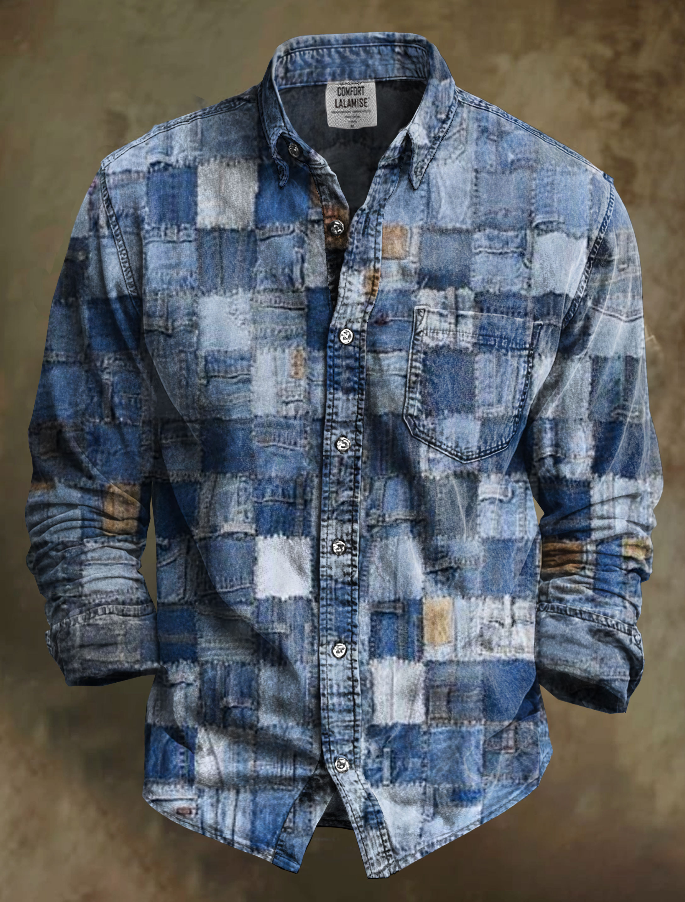 Denim Patchwork Art Print 100% Cotton Long Sleeve Shirt