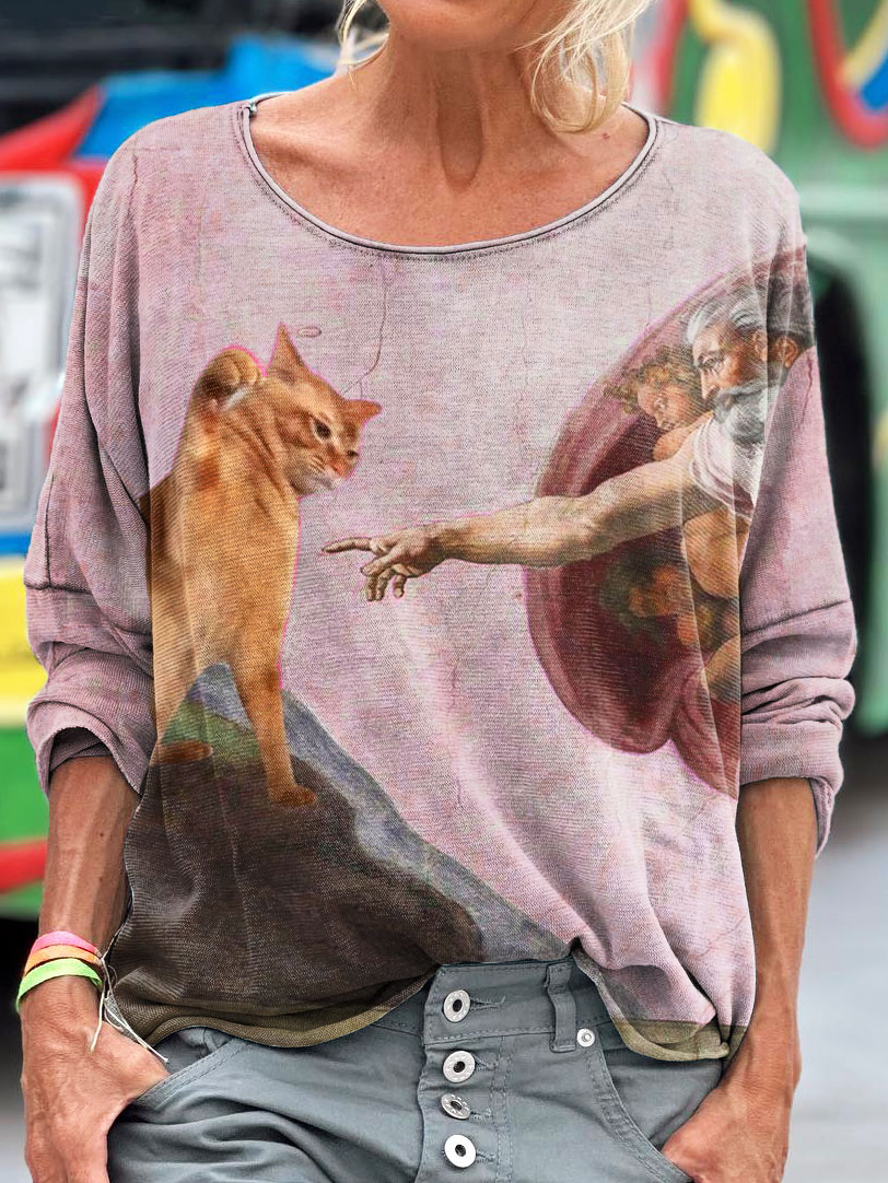 Vintage Funny Cat Art Print Casual Long Sleeve T-shirt