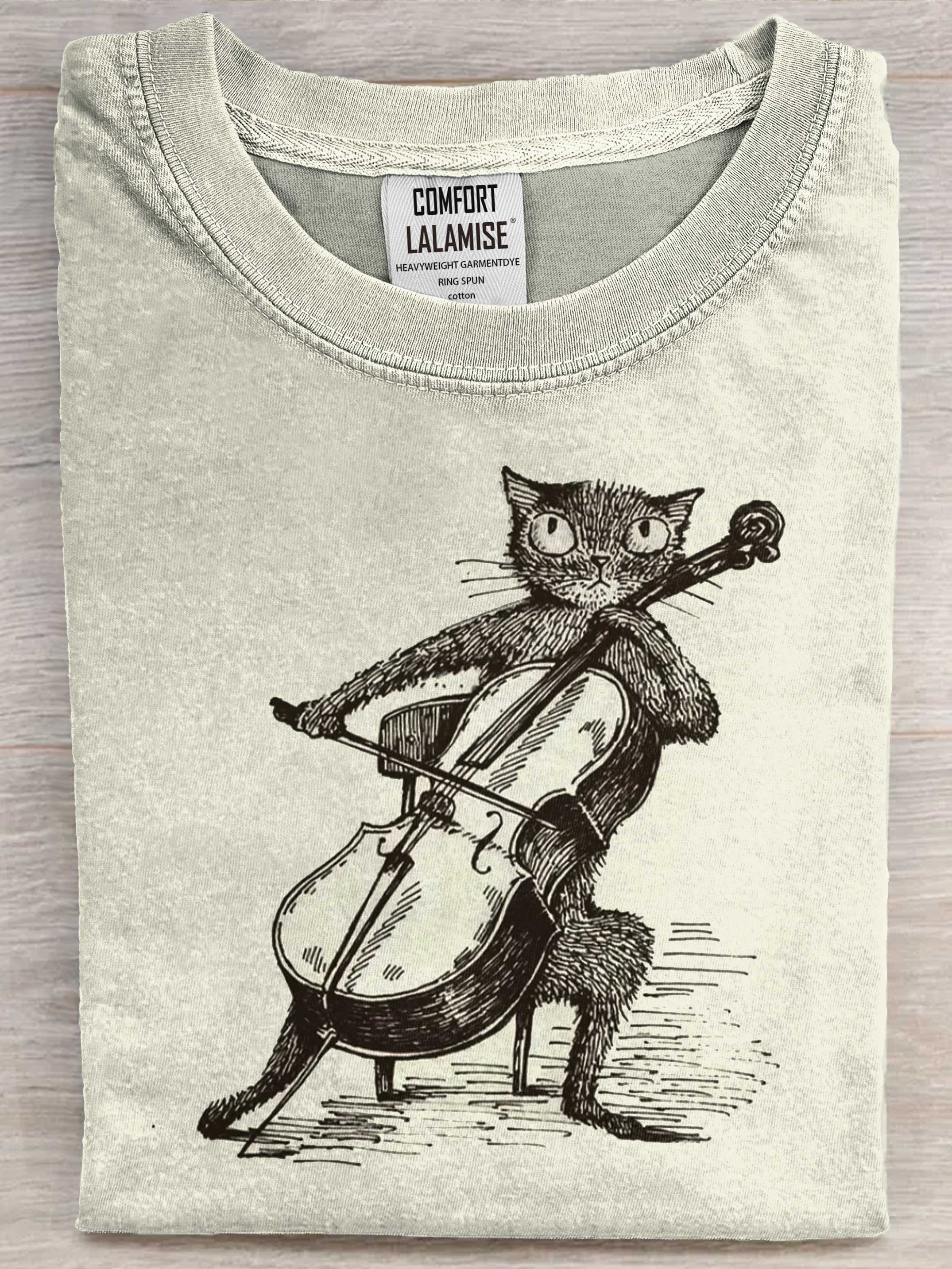Funny cat plays the cello Art Print Casaul Short Sleeve T-shirt
