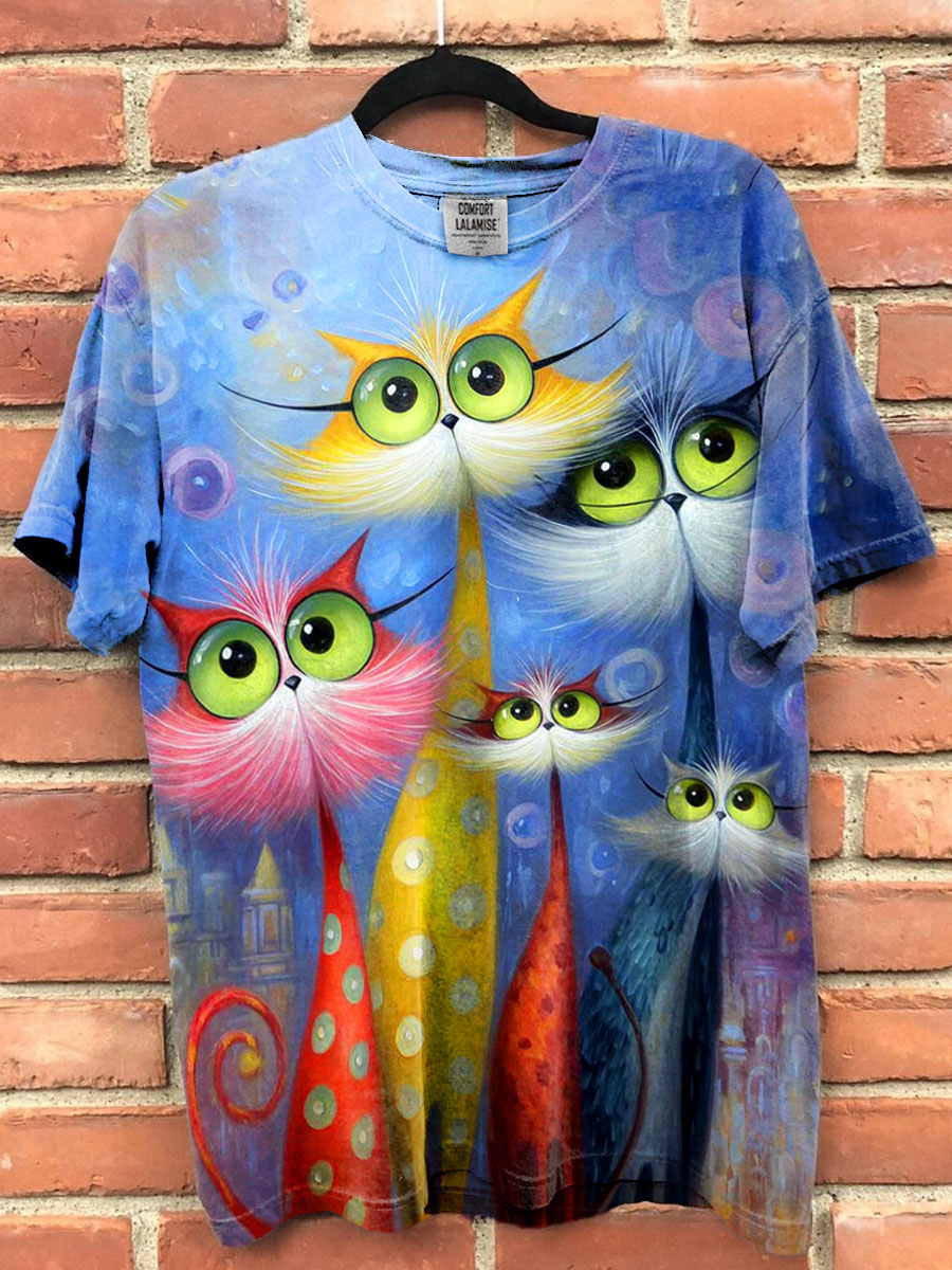 Cats Art Print Casaul Cotton Short Sleeve T-shirt