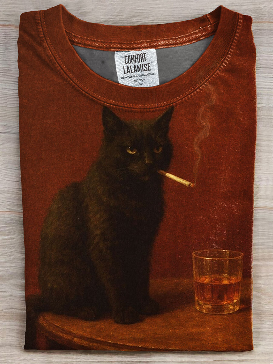 Cats Smoking Print Casual T-shirt