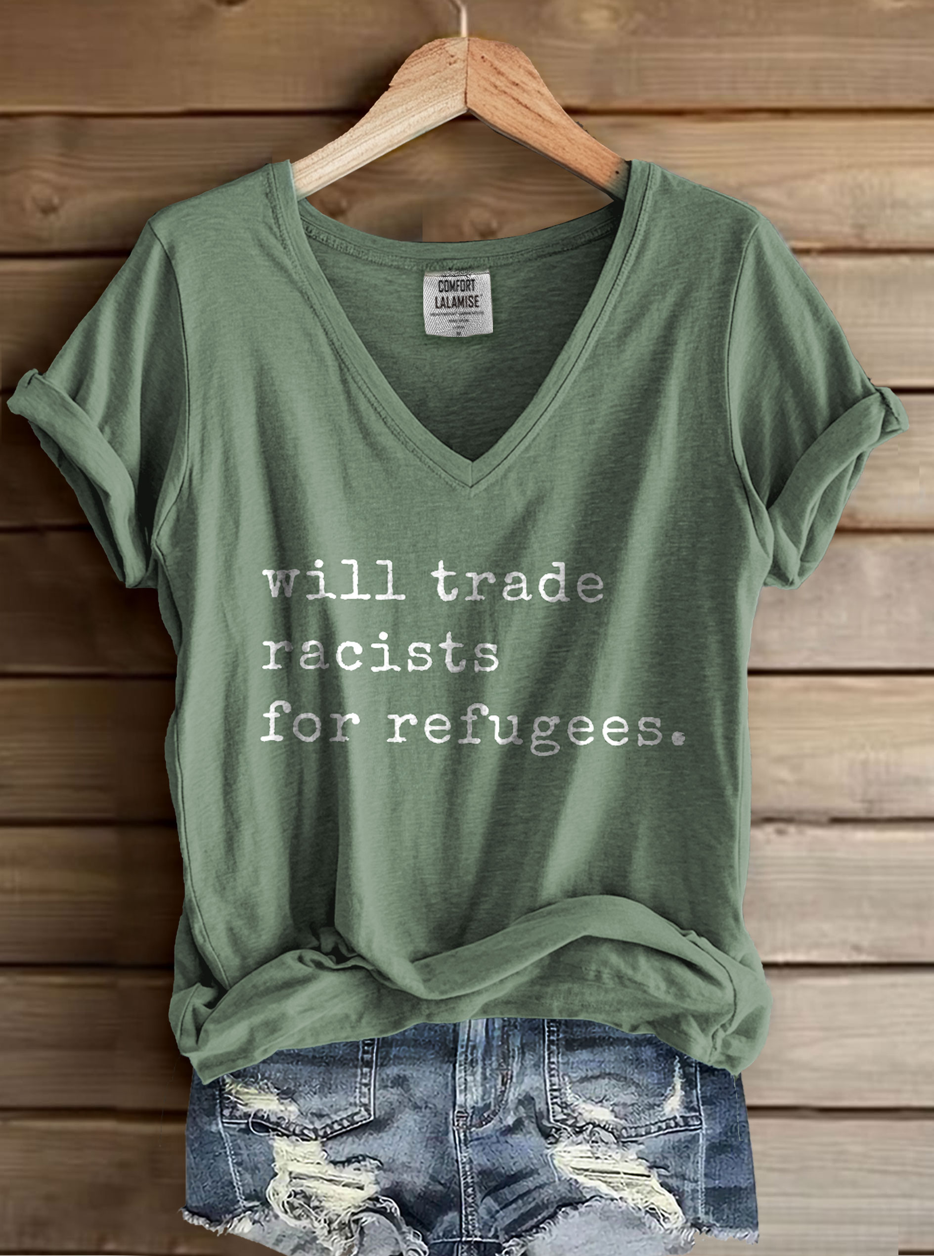 Will Trade Racists for Refugees Racial Equality Print V-neck Casual T-Shirt