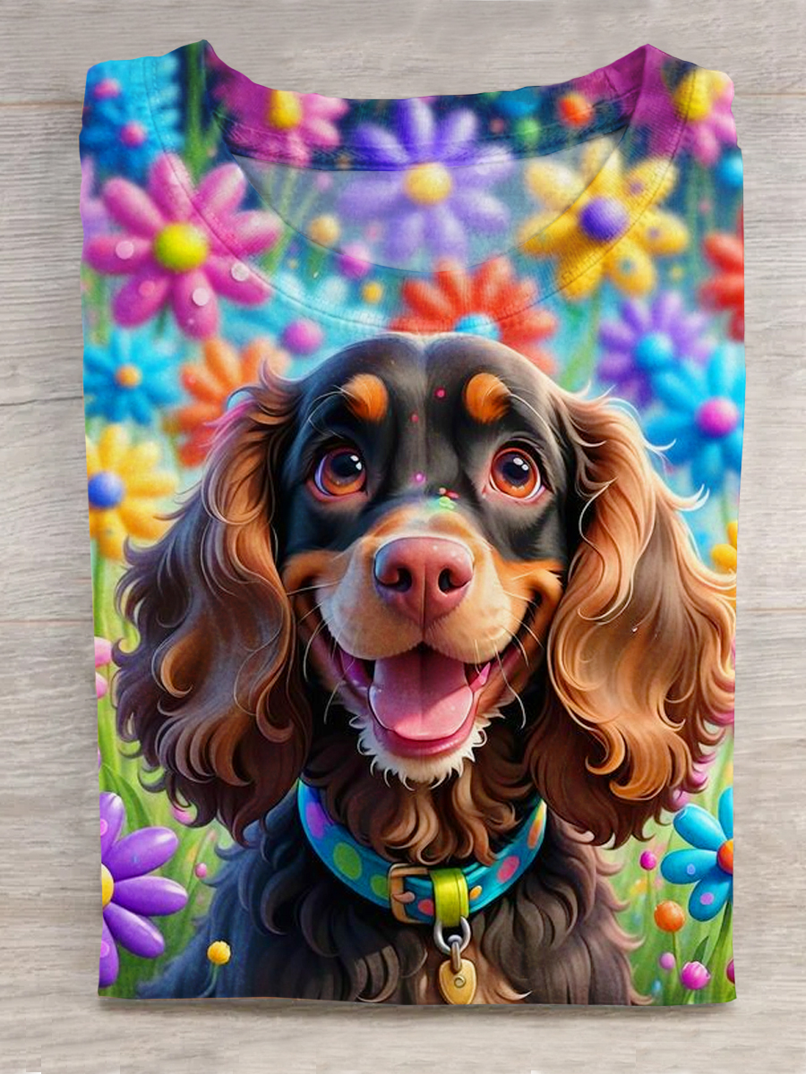 Dog Art Printed Crew Neck Short Sleeve T-Shirt
