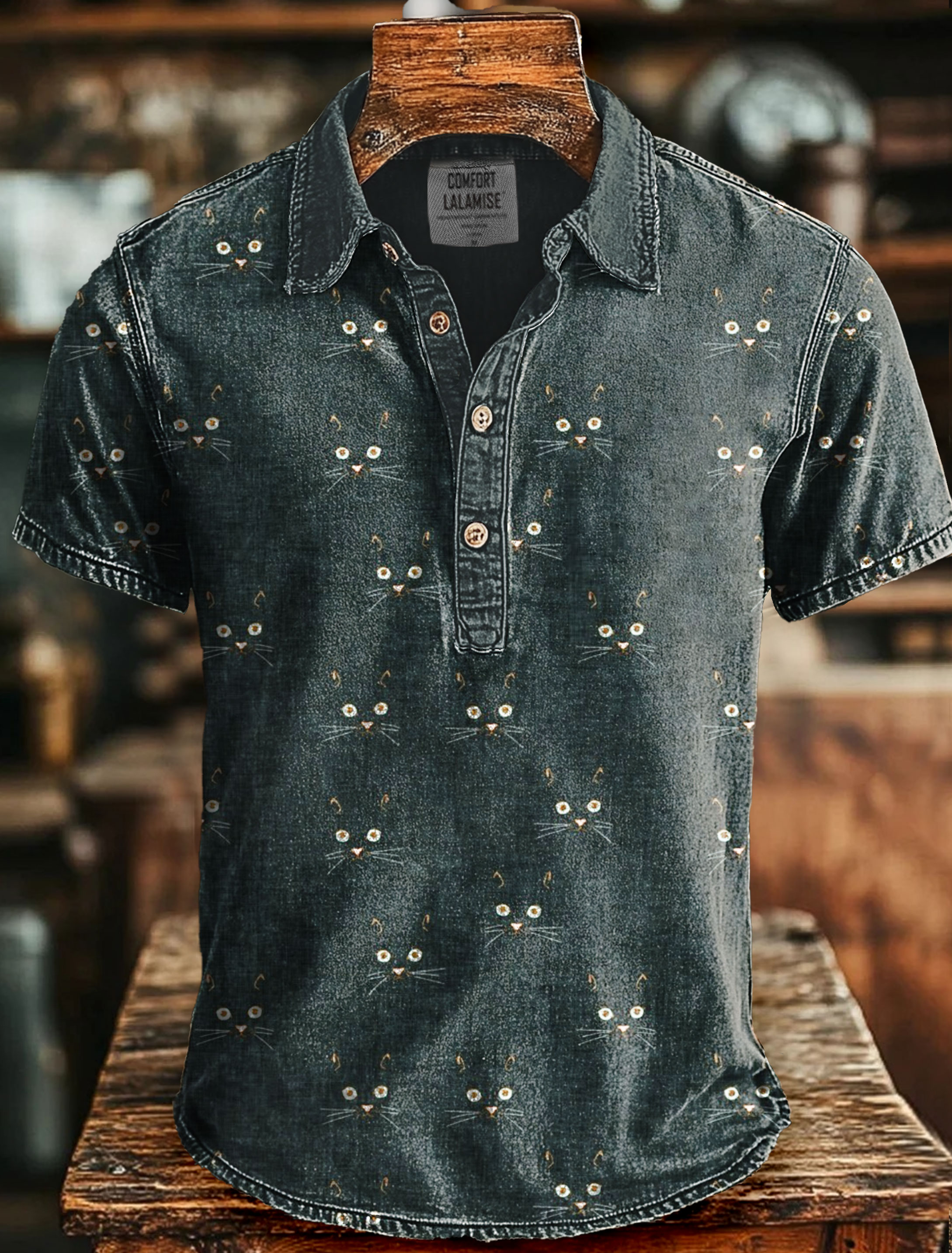 MidNight Cat Face Art Print Casual Stylish Short Sleeve Polo Shirt