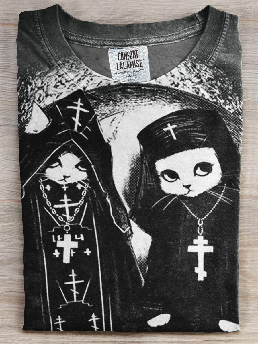 Gothic Art Cat Print T-shirt