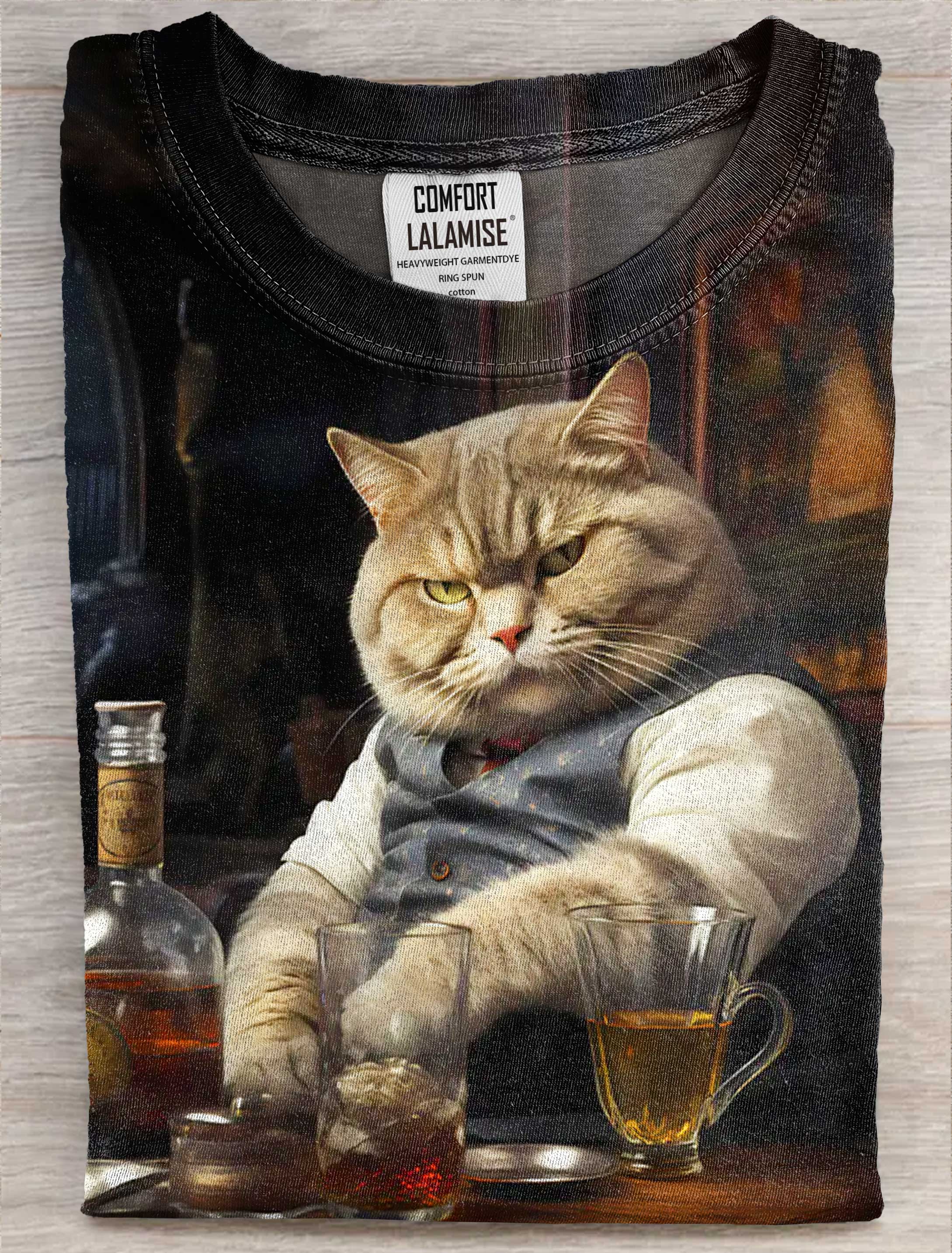 Fat Cat Beer Pub Bar Drink Art Print Casaul Short Sleve T-shirt